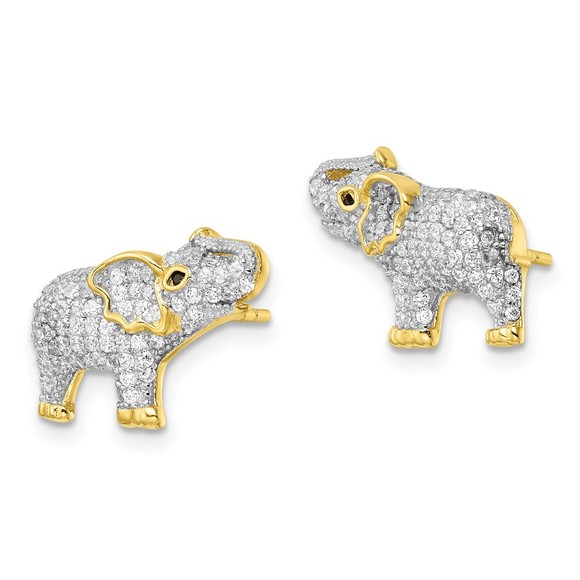 925 Sterling Silver Rhodium-plated Gold Tone CZ Elephant Post Earrings - Picture 2 of 4